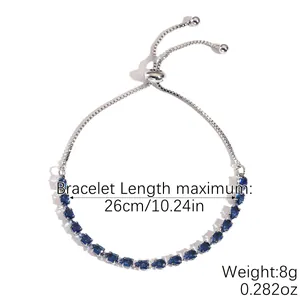 Adjustable silver bracelet with sparkling blue marquise-cut zircons and bolo clasp