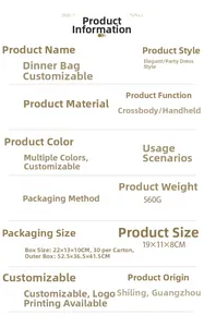 Detailed size chart for acrylic evening bag measuring 19x11x8cm with a weight of 560g