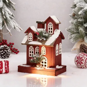 Christmas Wooden House LED Light Glowing Church Ornament Red Color White Snow Desktop Decor For Holiday Village Home Indoor Decoration