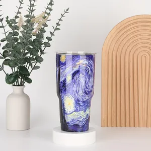 Detail of 30oz insulated tumbler with Van Gogh Starry Night print and clear lid
