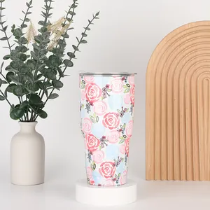 Detailed close-up of 30oz insulated travel tumbler with floral rose patterns and clear lid