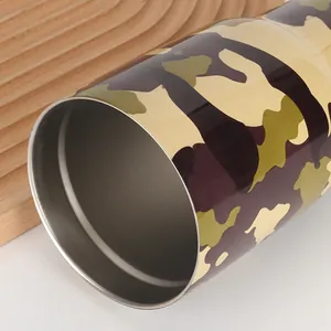 Macro shot of 30oz camouflage tumbler showing stainless steel interior and smooth rim