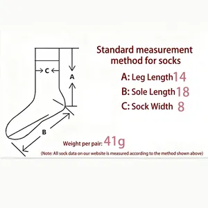 Size guide for thick coral fleece socks showing cuff length, foot length and width measurements