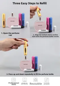Three-step tutorial for bottom-fill 5ml travel perfume atomizers with metallic finishes