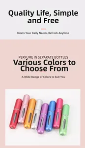 Detailed set of 5ml bottom-fill perfume atomizers in 8 vibrant metallic colors with view window