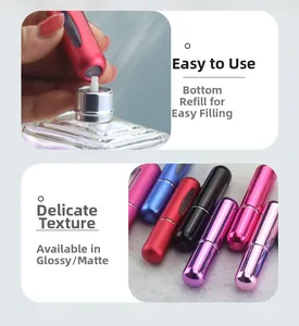 Detail of 5ml refillable perfume spray bottle showing bottom filling system and color options