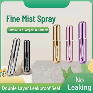 Portable 5ml bottom-fill perfume atomizers in five metallic colors with visual windows