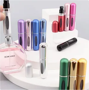 Multi-color 5ml bottom-fill perfume atomizers with metallic finish and clear viewing window