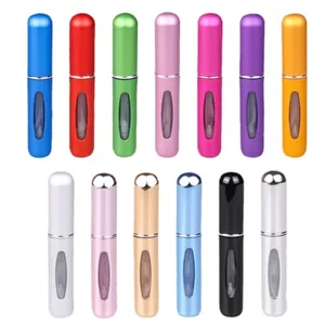 Portable 5ml refillable perfume spray bottles in 13 metallic colors with clear window