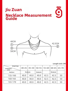 Size guide for pear-shaped pendant necklace showing 40cm to 50cm length recommendations