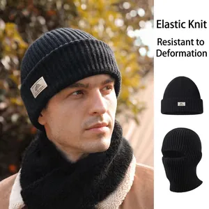 Men's black knitted Balaclava beanie and neck warmer set for outdoor winter warmth