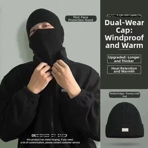 Close-up of black knitted balaclava showing dual-use design and thick thermal texture