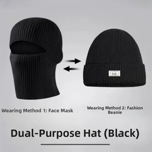 Black knitted balaclava showing two ways to wear as a face mask or a stylish beanie