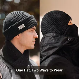 Dual-use black ribbed knit Balaclava hat for men used as a beanie or full face mask