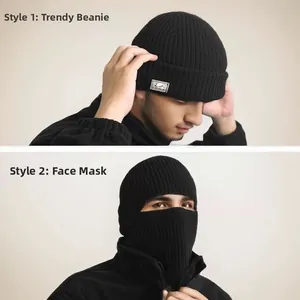Close-up of black knit balaclava showing dual-use as a trendy beanie or full face mask