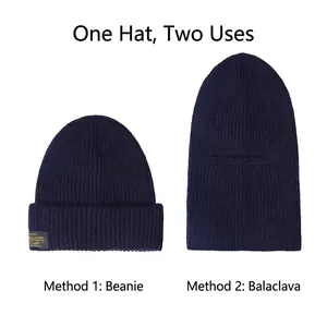 Deep blue knit balaclava showing two ways to wear as a beanie and full face mask