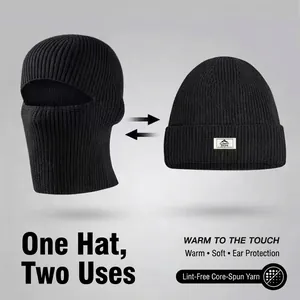 Black ribbed balaclava with dual-use design showing full face mask and beanie modes