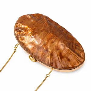 Detail of amber tortoiseshell acrylic clutch with gold metal frame and chain strap