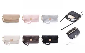 Detail view of multi-color leather crossbody phone bags with adjustable shoulder straps