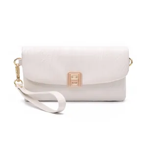 Detail of white textured leather clutch featuring a gold rectangular clasp and wrist strap