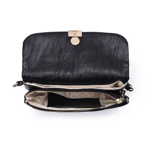Black wrinkled texture women's crossbody bag with double compartments and gold hardware