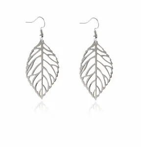 Detailed macro view of silver hollowed leaf earrings showing intricate metal vein patterns