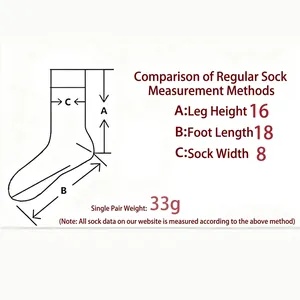 Size chart showing sock dimensions including leg length and foot length for cotton crew socks