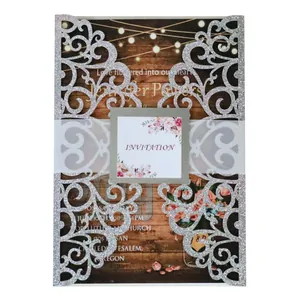 Luxury European Laser Cut Wedding Invitation Card With Glitter Cover Elegant Floral Print Inner Sheet And Envelopes For Banquet Party Celebration