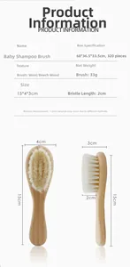 Size chart showing dimensions 15x4x3cm of beech wood baby hairbrush with soft wool bristles