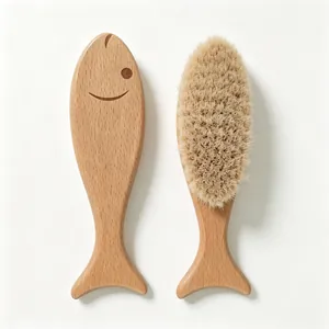 Fish-shaped beech wood baby hairbrush set with soft wool bristles for scalp massage