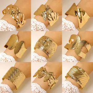 Wide Cuff Bangle Stainless Steel Gold Plated Woven Texture Statement Bracelet For Women Fashion Jewelry