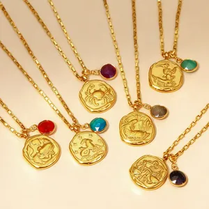 18k gold plated stainless steel zodiac coin necklaces with colorful natural gemstones