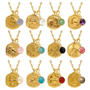 18k gold plated stainless steel zodiac necklace set with natural round birthstones