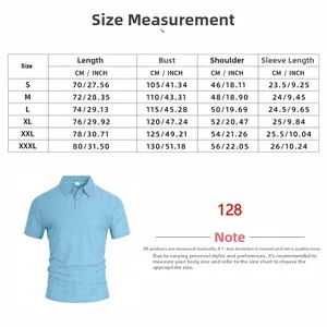 Detailed size chart for men's short sleeve polo shirt with length and bust measurements