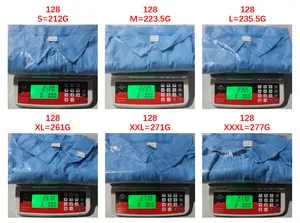 Size chart showing weights and 100% polyester fabric details for men's polo shirt