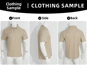 Front, side, and back views of a men's khaki short sleeve knit polo shirt on mannequin