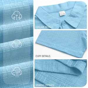 Men's light blue breathable polo shirt with 100% polyester waffle texture and lapel