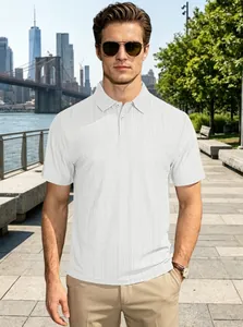 Detail of white short sleeve polo shirt with vertical stripes texture on a male model