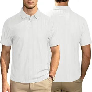 Detail of white polo shirt featuring breathable vertical knit texture and buttoned collar