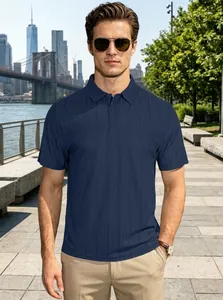 Detail view of navy blue short sleeve polo shirt with vertical textured knit fabric