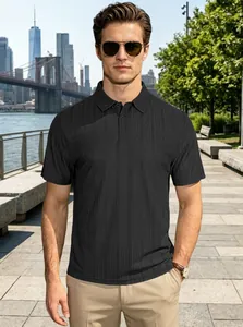 Close-up of black textured short-sleeve Polo shirt with lapel collar and buttons