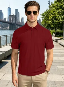 Detail of the vertical pleated texture and polo collar on this burgundy men's casual shirt
