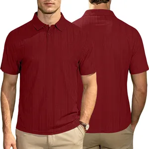 Detailed dual view of men's burgundy polo shirt with a unique vertical striped texture