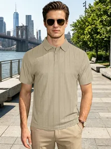 Detail of khaki men's short-sleeved polo shirt with vertical textured fabric and buttons