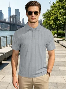 Detail of grey men's polo shirt with vertical texture and classic collar in New York