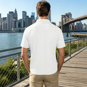 Men's white polo shirt with vertical striped texture shown from a back view