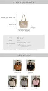 Size chart for corduroy tote bag showing dimensions 28x28x9cm and material details