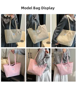 Multiple views of women carrying vintage corduroy tote bags in beige and pink styles