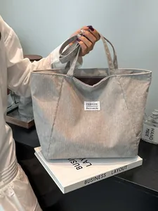 Large capacity grey corduroy tote bag with fashion tag for women street style