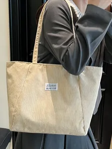 Minimalist large-capacity corduroy tote bag in beige with vintage striped texture